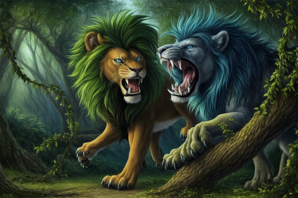 masterpiece, best quality, absuredres, elvenforestworld, full body, quadruped, lion, tail, pointed ears, branch, vines, leaf, green mane, glowing blue eyes, roaring, fangs, DarkFantasy