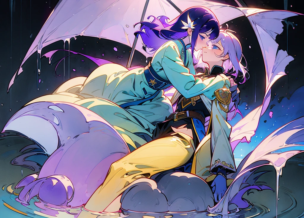 Two girls touching lips,A girl with purple hair,Transparent purple eyes,Another girl with yellow hair,Clear blue eyes,Medieval ta Style Clothing,Sit and hug,Look at each other affectionately,Cool,Violet,iris,Sunshine,Surrounded by greenery,Transparent stream flowing,Tyndall effect,Light up the fire,starlight:1.8,Clear shape,Detailed description of appearance:Perfect beautiful clear appearance,Normal human body,Transparent green,suspended congress, vaginale, anal, is ,is focus, is grab, standing, hug, leg lock, breast press,straddling,arms around neck, lifting person