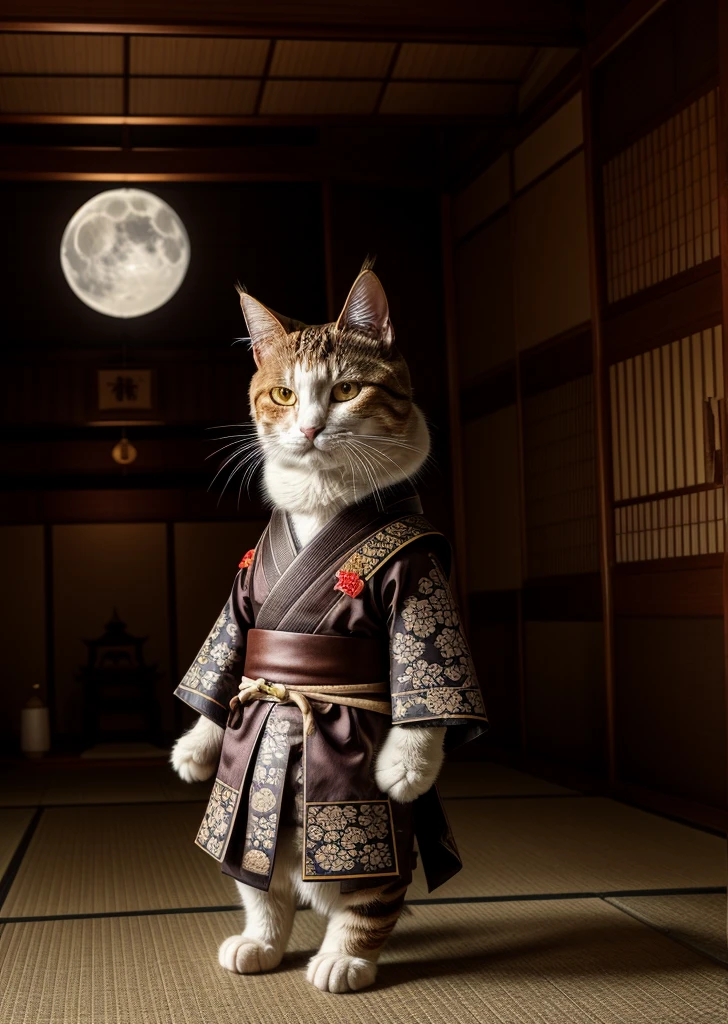 A brown-and-white tabby cat yokai that represents the personification of an old Japanese samurai、Wearing Yamato samurai armor、Dressed in kimono、In front of the ruined shrine、West Shot、Moonlit Night、lush vegetation、Old tales、Like a Japanese period film、8K、16K、Detailed、Alluring