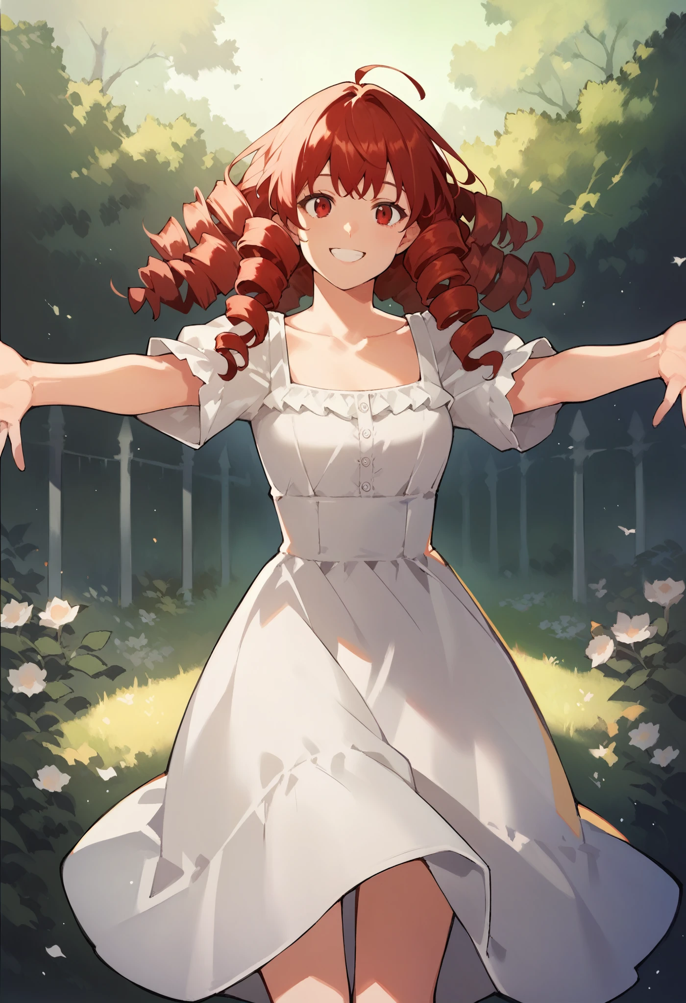 score_9, score_8_up, score_7_up, source_anime, 1girl,red eyes,smile, outdoors, best quality, red hair, ringlets, outstretched arms, portrait, white sundress,