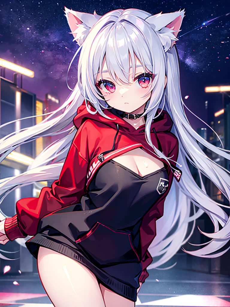 Cat ear、Beautiful Skin、girl、Red eyes、Silver Hair、hoodie