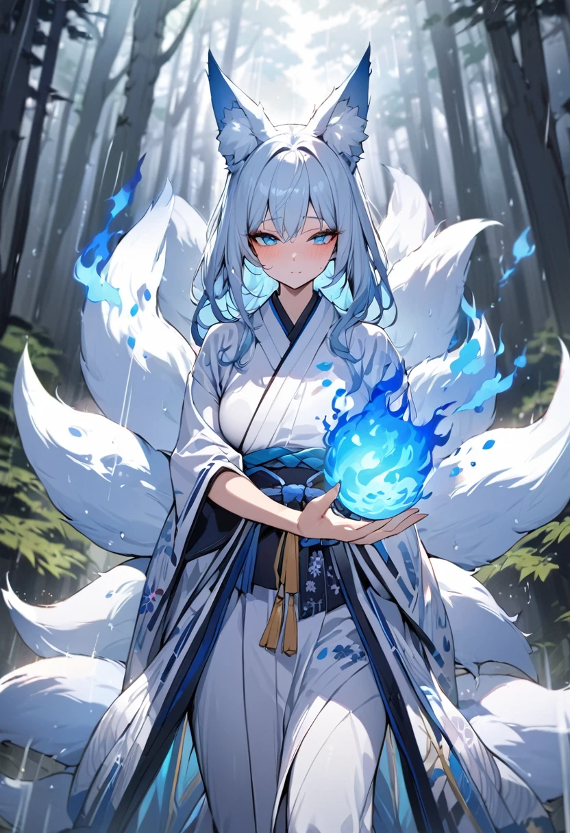 Masterpiece, Extremely detailed, , close distance shot, (A beautiful kitsune woman walking in a rainy forest holding a small ball of blue fire), facing viewer, dynamic pose , fox ears, nine fox tails, traditional Japanese clothing. 