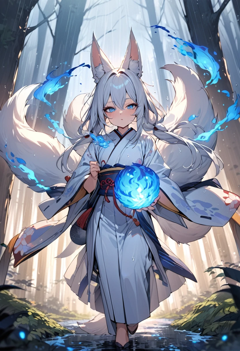 Masterpiece, Extremely detailed, , close distance shot, (A beautiful kitsune woman walking in a rainy forest holding a small ball of blue fire), facing viewer, dynamic pose , fox ears, nine fox tails, traditional Japanese clothing.