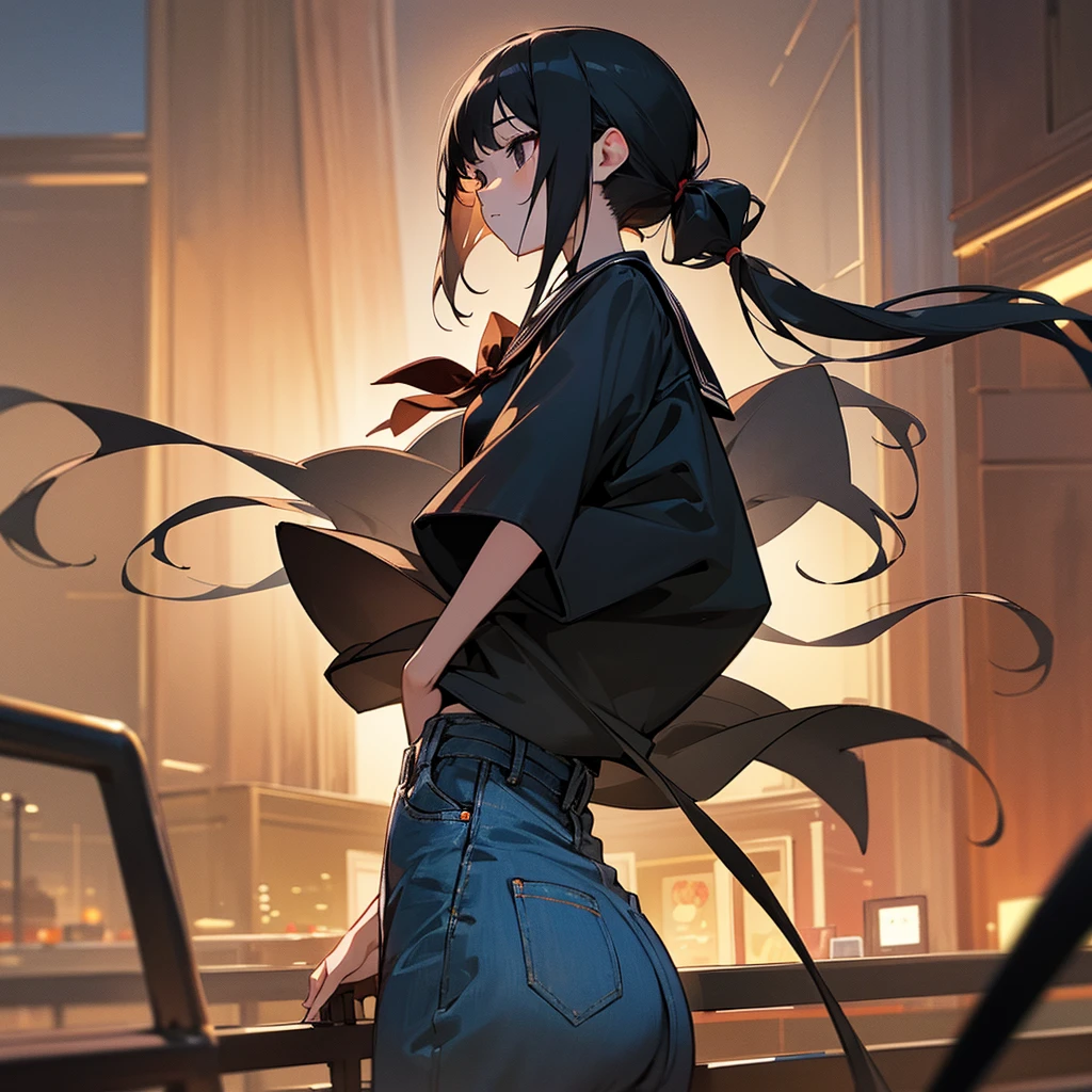 long silky black hair in high pigtails, pale, black eyes, very pretty, 4k, 8k, high res, masterpiece, at night, in mall, warm toned lighting, illustration, best quality, y2k black vintage shirt and micro denim ruffle skirt, serafuku