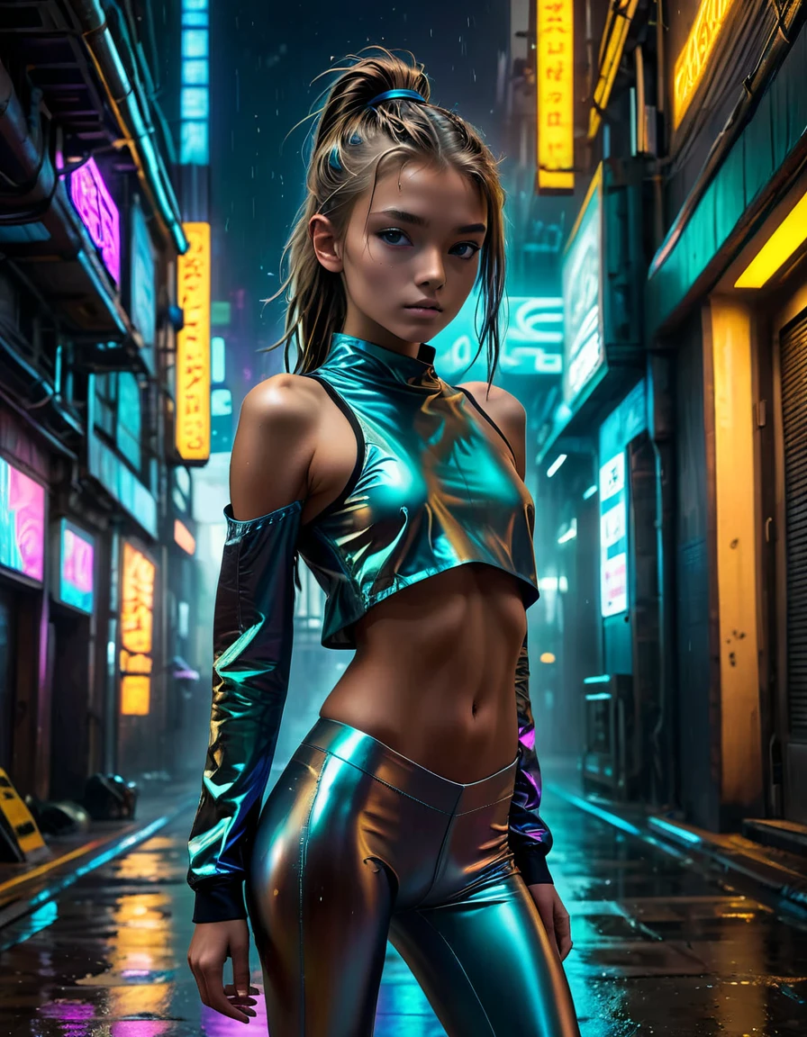 Top Quality, Masterpiece, High Resolution, 8k, (((cute skinny barely legal girl in oversized crinkle top and wetlook leggings, bare belly, wide neckline, deep neckline, small perky breasts, beautiful detailed eyes, beautiful detailed lips, small closed mouth, extremely detailed face, long ponytail hair, small hips))), cyberpunk apartment, moody atmosphere, dramatic and random neon colors, futuristic setting, intricate details, at night, backlit, full body shot, closeup shot