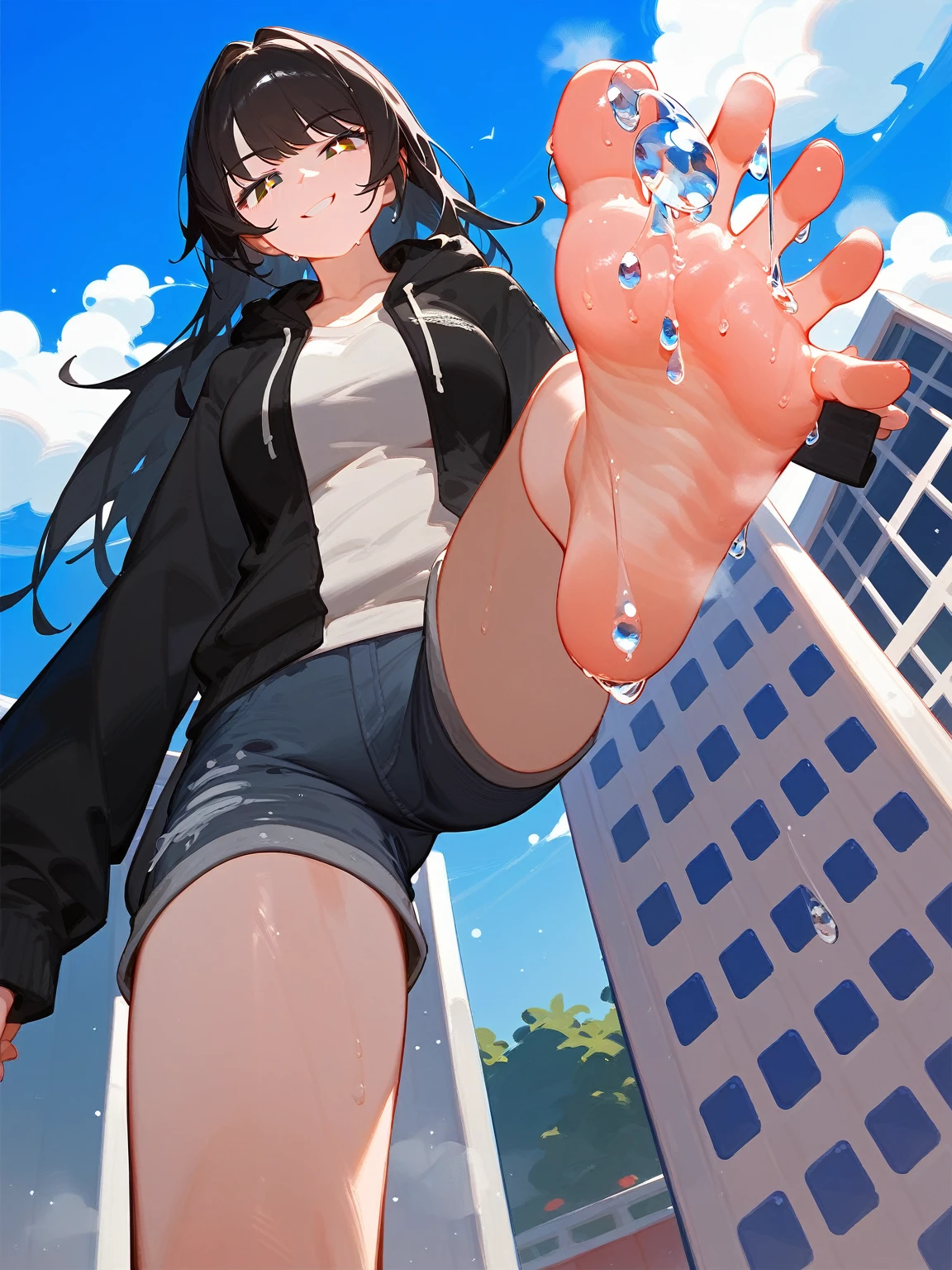 wallpaper, best quality, Very detailed, masterpiece, Extremely detailed, illustration, Sky,Foot Focus, Smirk, Bangs，齐Bangs, barefoot,Stinky feet,Steam around feet，Water dripping from the soles of feet，Water dripping from the soles of feet，The soles of your feet sweat a lot，Sweatshirt，Denim shorts，big sister，Mature，30 years old，Very high，Black pupil