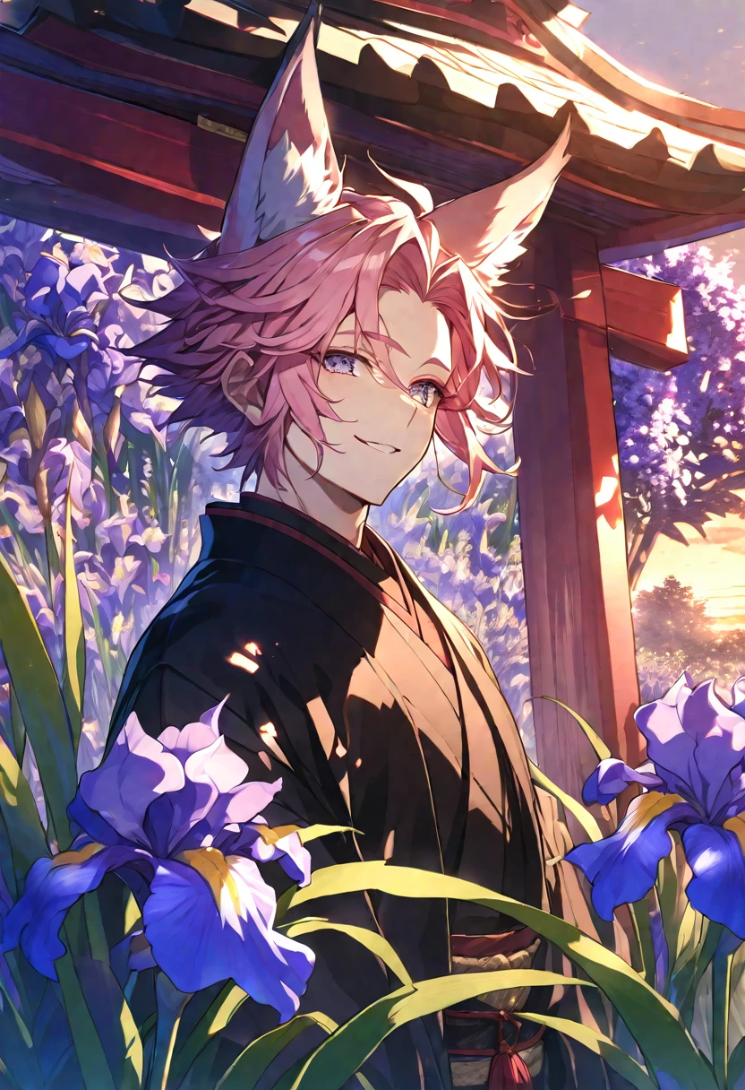 alone, 1 male, Pink Hair, Iris, Black kimono, Fox Ears, Smile Facial, Red Higanbana, Higanbana, Red tassel hair accessory、Evening shrine