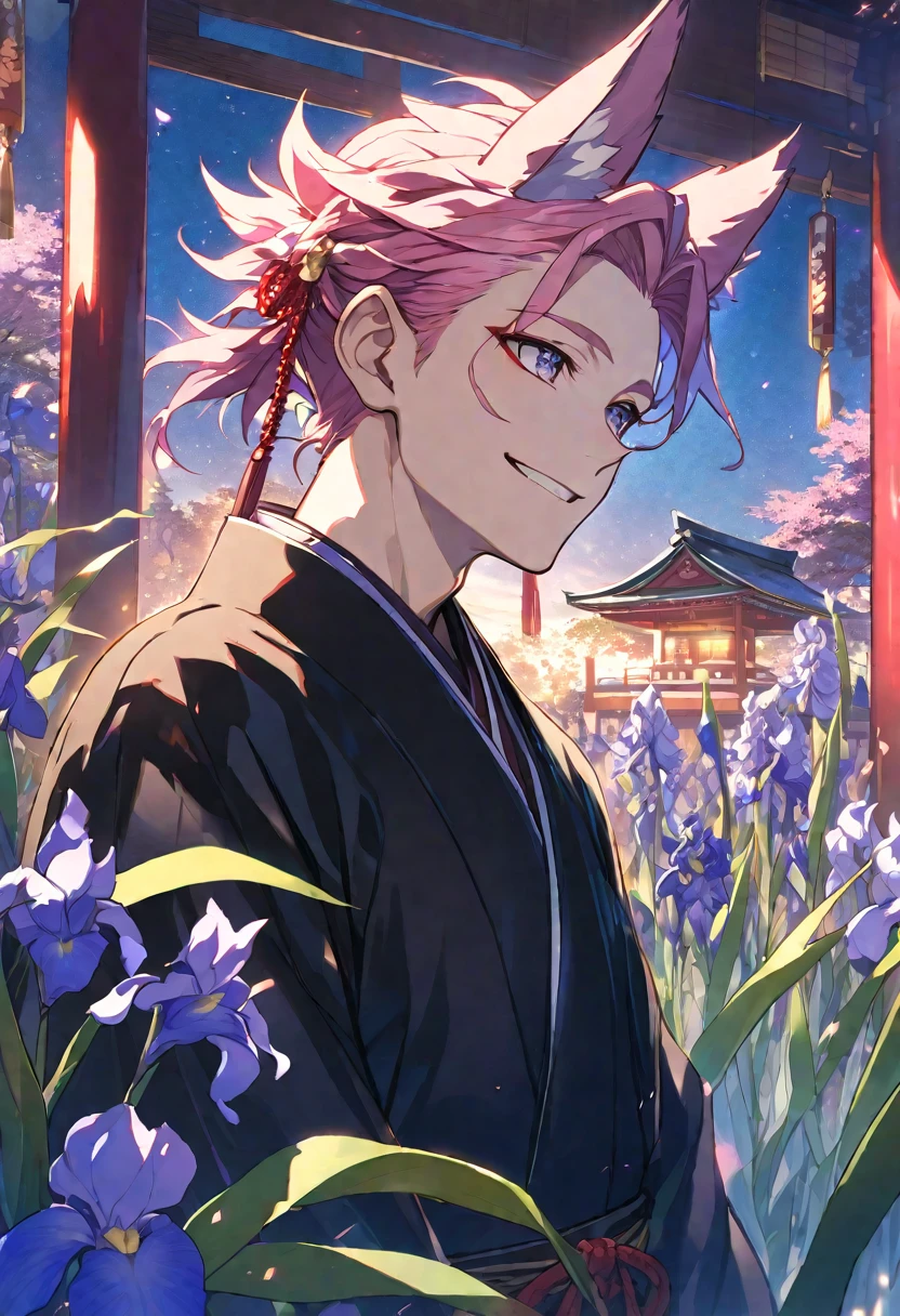 alone, 1 male, Pink Hair, Iris, Black kimono, Fox Ears, Smile Facial, Red Higanbana, Higanbana, Red tassel hair accessory、Evening shrine