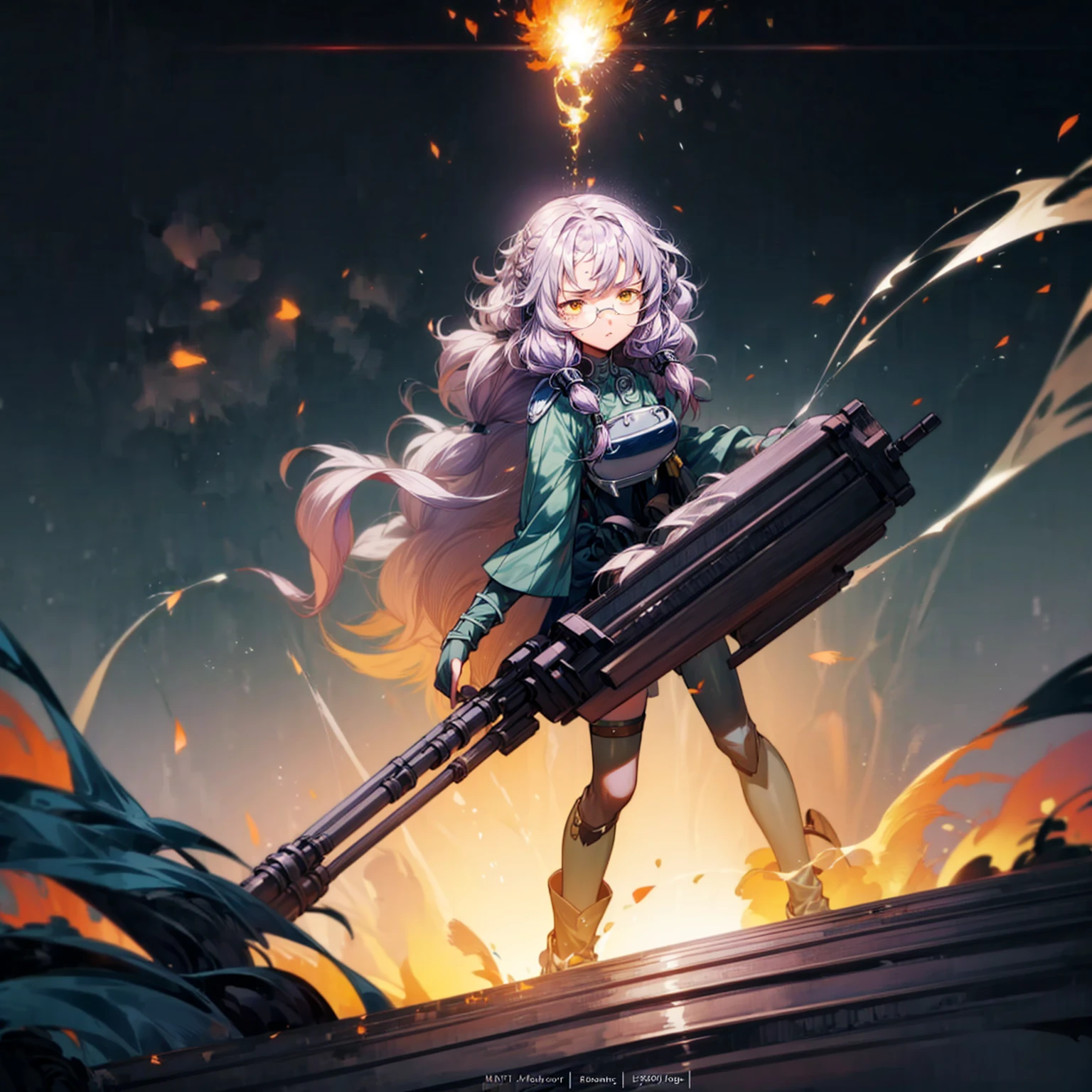 1girl, 1character, gold eyes, long Curly haircut, lavender color hair, army style clothing, white glasses, Long socks, boots army,  full iron armor, bandage on hand, Grassroots, background in fire city street, motion blur, (one piece style art), Big robot gun in hand, smoke effect, aura effect, Fire, lighting fire, plasma effect, fire city, (high angle view, full body view version, angry eyes)