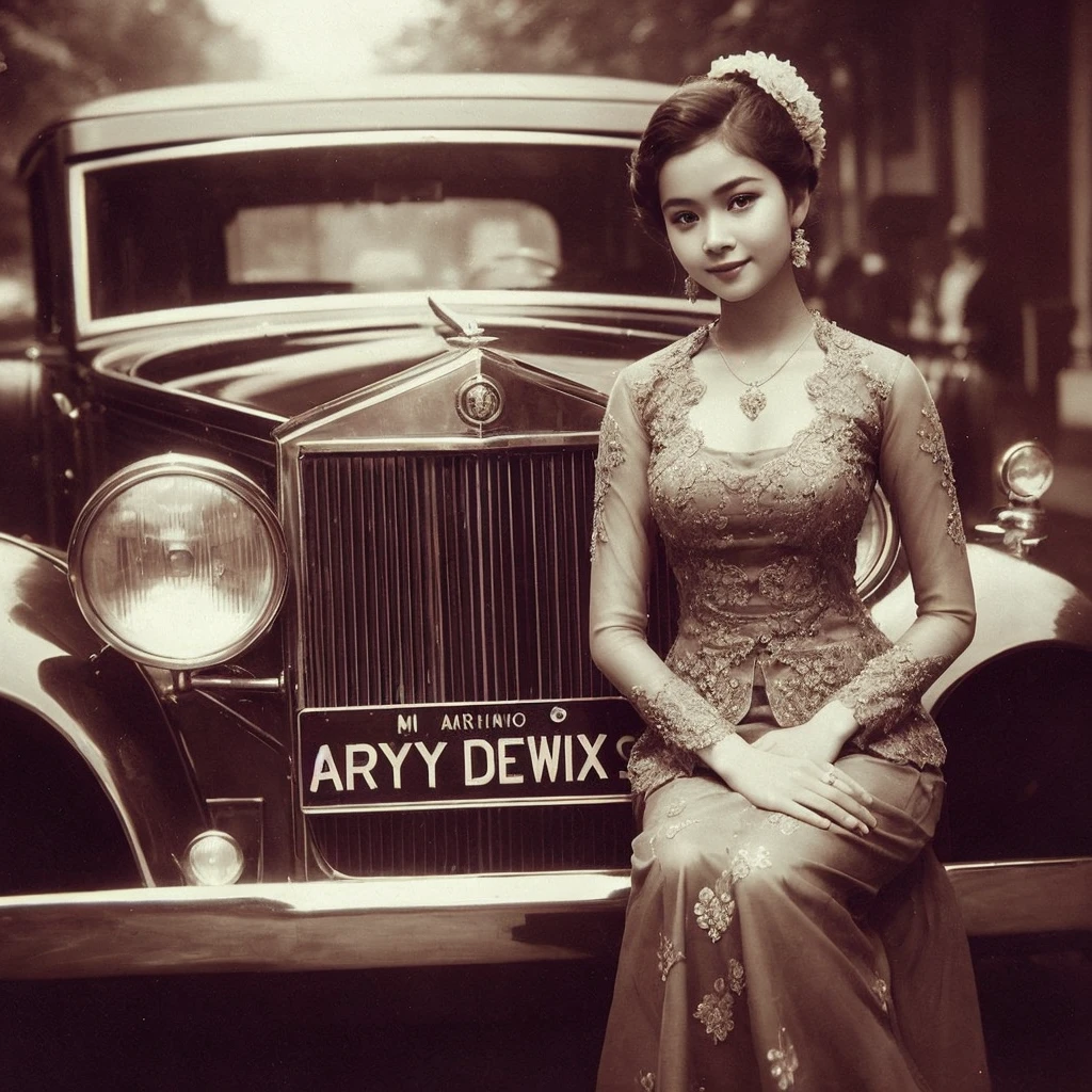 Arafed photo of a young Indonesian girl wearing a kebaya inspired by RA Kartini, kebaya photo, old sepia photography, beautiful young girl, vintage photography, kebaya photo. graceful and charming pose next to a limousine. number plate with text 'Aryy Dewix' antique photo of beautiful young girl cute young girl 18 years young young retro photo black and white 1910, vintage photography, antique photo, old photography, hair in a bun or bun, cute face,