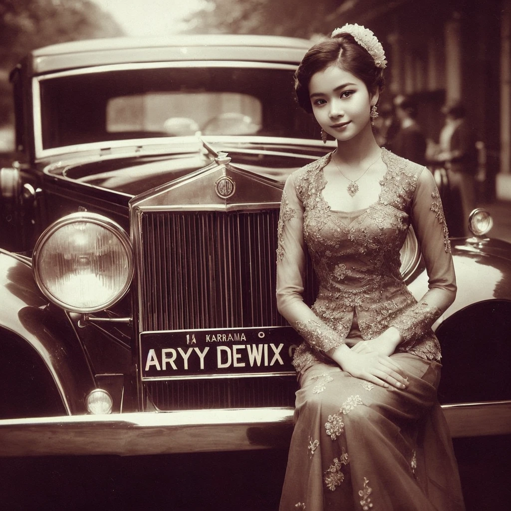 Arafed photo of a young Indonesian girl wearing a kebaya inspired by RA Kartini, kebaya photo, old sepia photography, beautiful young girl, vintage photography, kebaya photo. graceful and charming pose next to a limousine. number plate with text 'Aryy Dewix' antique photo of beautiful young girl cute young girl 18 years young young retro photo black and white 1910, vintage photography, antique photo, old photography, hair in a bun or bun, cute face,