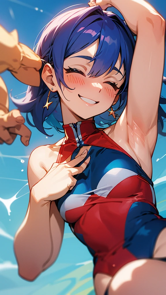 Armpit woman swimsuit smiling blushing excited by tickling magic hand spread-eagled