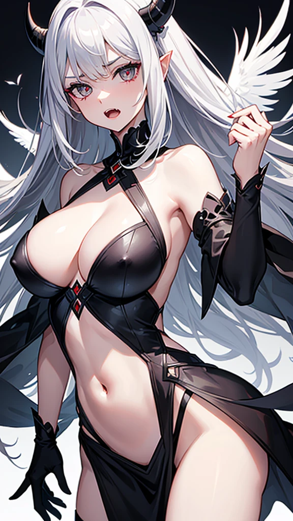 masterpiece, high quality, 4K, HDR,, A half-naked adult woman, with visible nipples and areolas, displaying an unsatisfied expression with an open mouth, sharp jagged fangs, narrowed eyes, and red irises. She has pale white skin, silver hair with a trimmed fringe, and an intake hairstyle. Above her head is a black halo, and large black wings protrude from her back. She also has sharp, pointed ears and a pair of red-black horns on her head. BREAK Half-naked adult woman, visible nipples and areolas BREAK Unsatisfied expression, open mouth, sharp jagged fangs BREAK Narrowed eyes, red irises, pale white skin, silver hair with trimmed fringe, intake hairstyle BREAK Black halo above head, large black wings on back, sharp pointed ears, red-black horns
