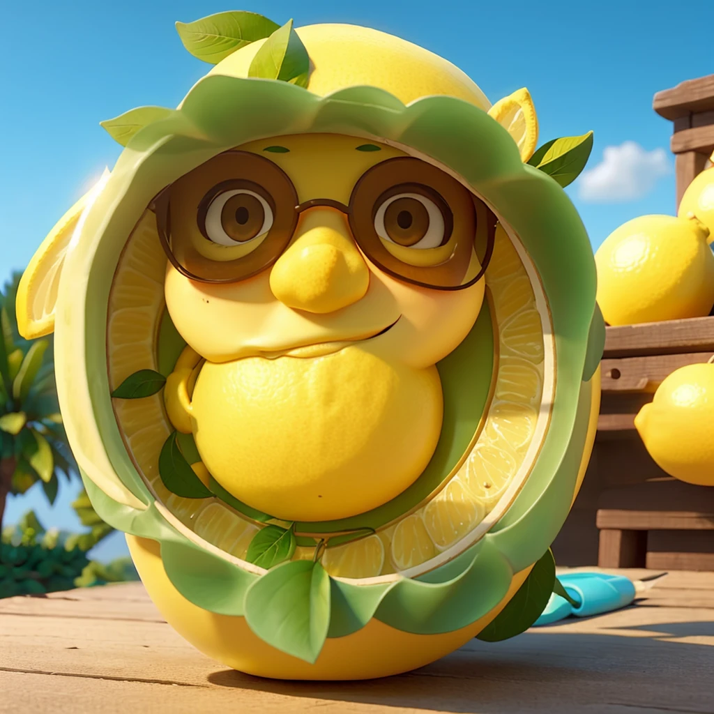 A lemon wearning sunglass