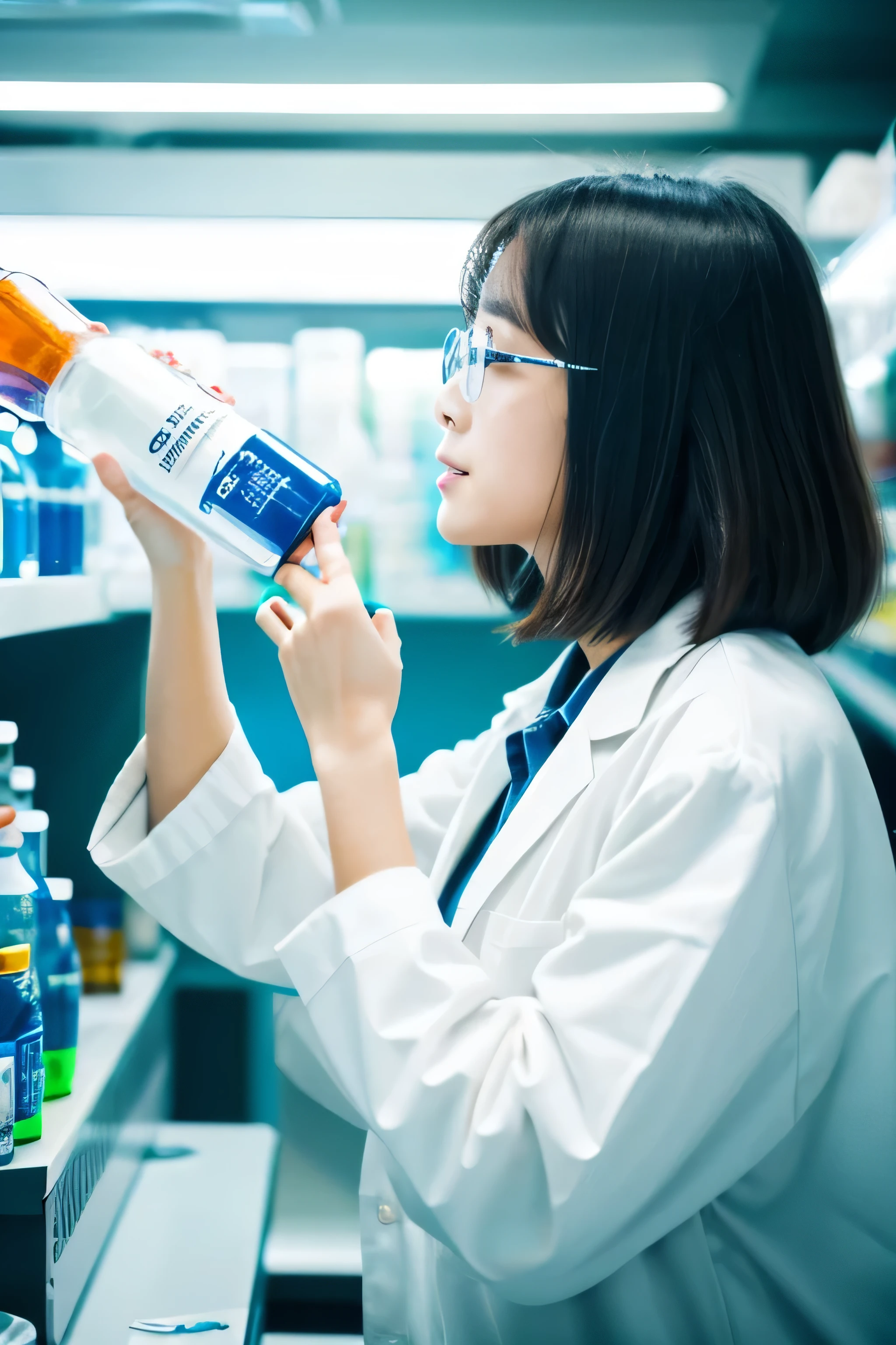 female scientist looking though to reaction bottle