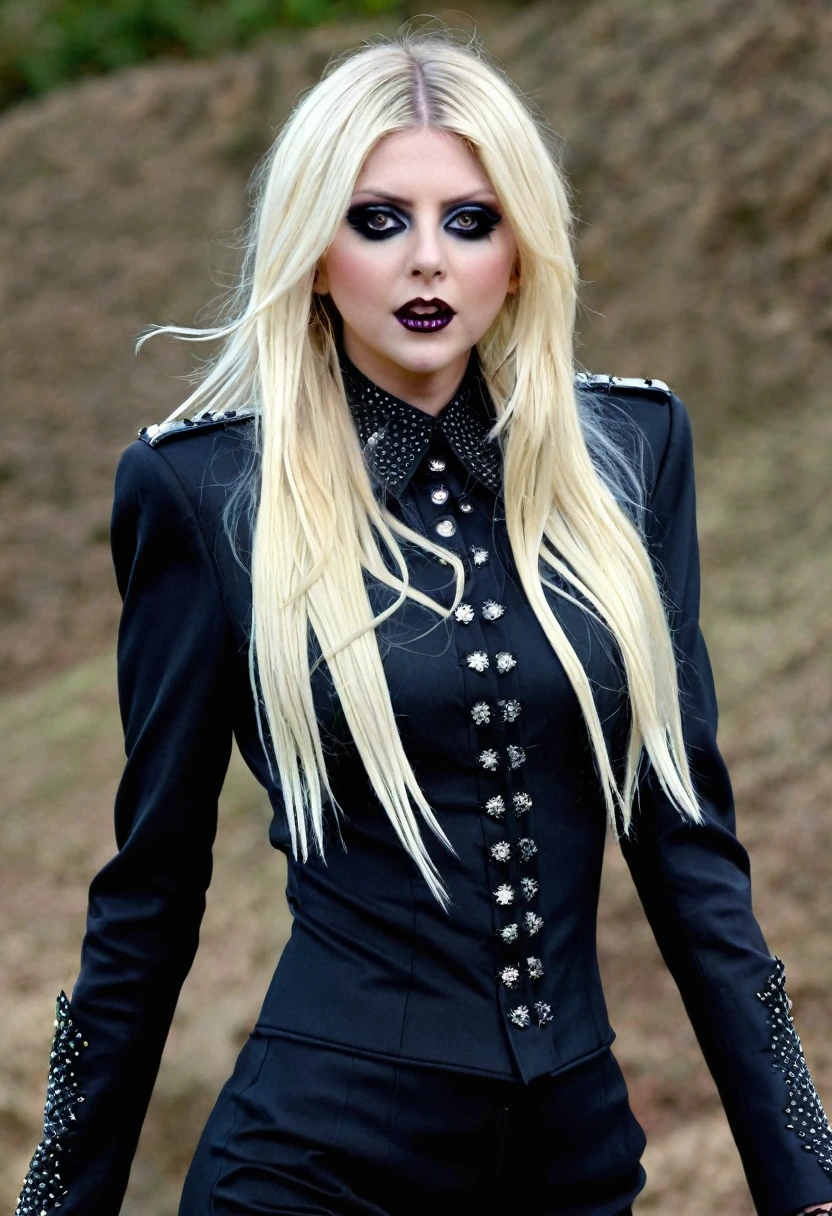 
Holly Willoughby copies Taylor Momsen down to the minutest detail, clothed in identical attire, hairstyle, and makeup, scene-stealing re-enactment of the 'Going to Hell' music video by The Pretty Reckless, attention to thread and hair meticulous, facial expression held under soft illumination, dramatically positioned, textures dramatically vivid, eyes treated to spectacular views, impeccable impersonation, UHD drawing
