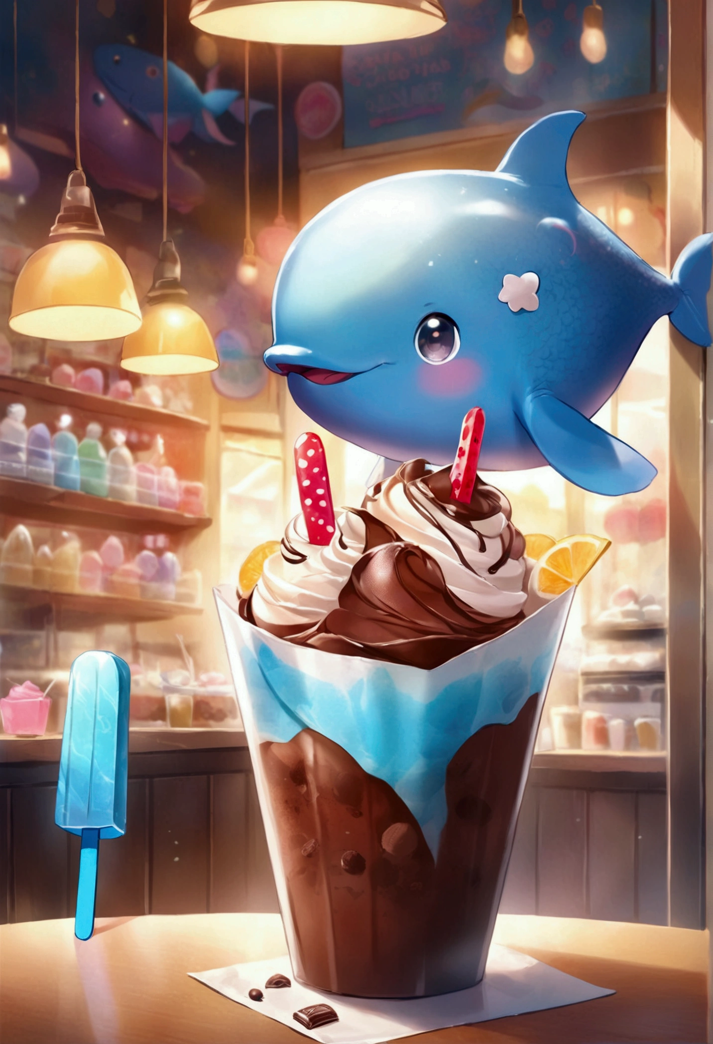 Very cute and appealing anthropomorphic blue whale paper cup popsicles, Chocolate icing, Dessert shop background，kawaii, looking at viewert, Cinematic lighting, Fantasy art, Dynamic composition, epic realistic, Award-winning food pet illustration