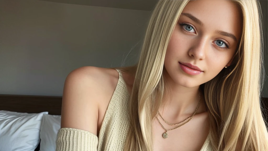 1girl in, 19years old, Solo, Long hair, Colossal , view the viewer, blond hairbl, Bare shoulders, Brown eyes, jewely, full bodyesbian, a necklace, cropped shoulders, Sweaters, Realistic, A sexy