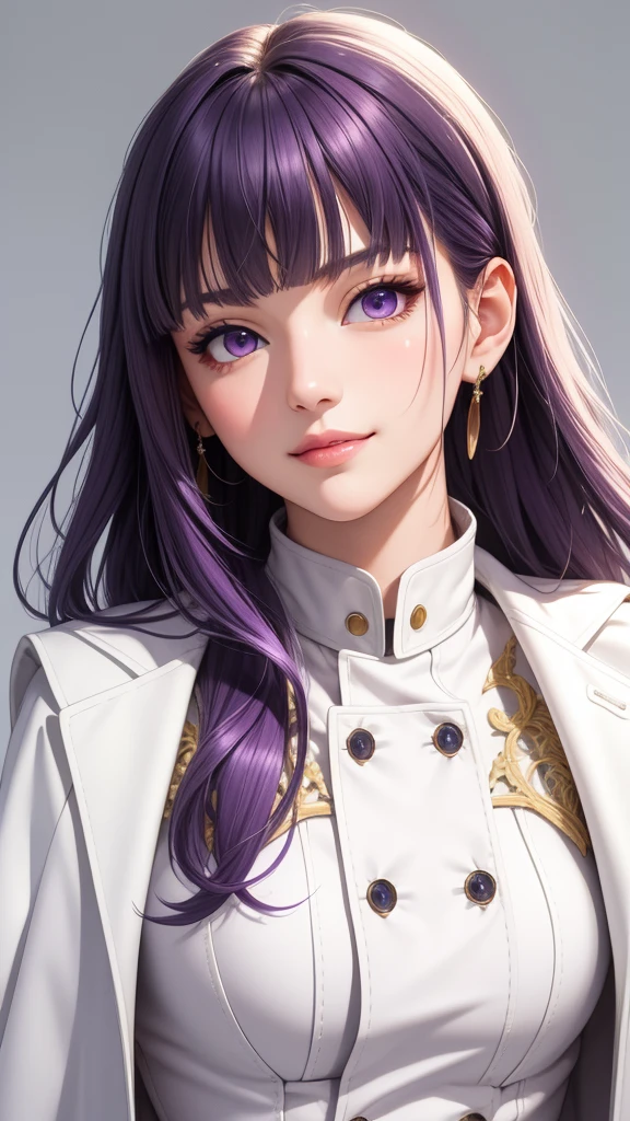 (masterpiece, best quality), intricate details, thin, ((slim)), beautiful girl, purple hair, blunt bangs, light purple eyes, sharp jawline, white coat, long hair, lips, upper body, close up, smirk