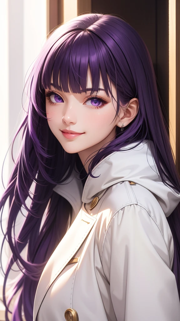 (masterpiece, best quality), intricate details, thin, ((slim)), beautiful girl, purple hair, blunt bangs, light purple eyes, sharp jawline, white coat, long hair, lips, upper body, close up, smirk