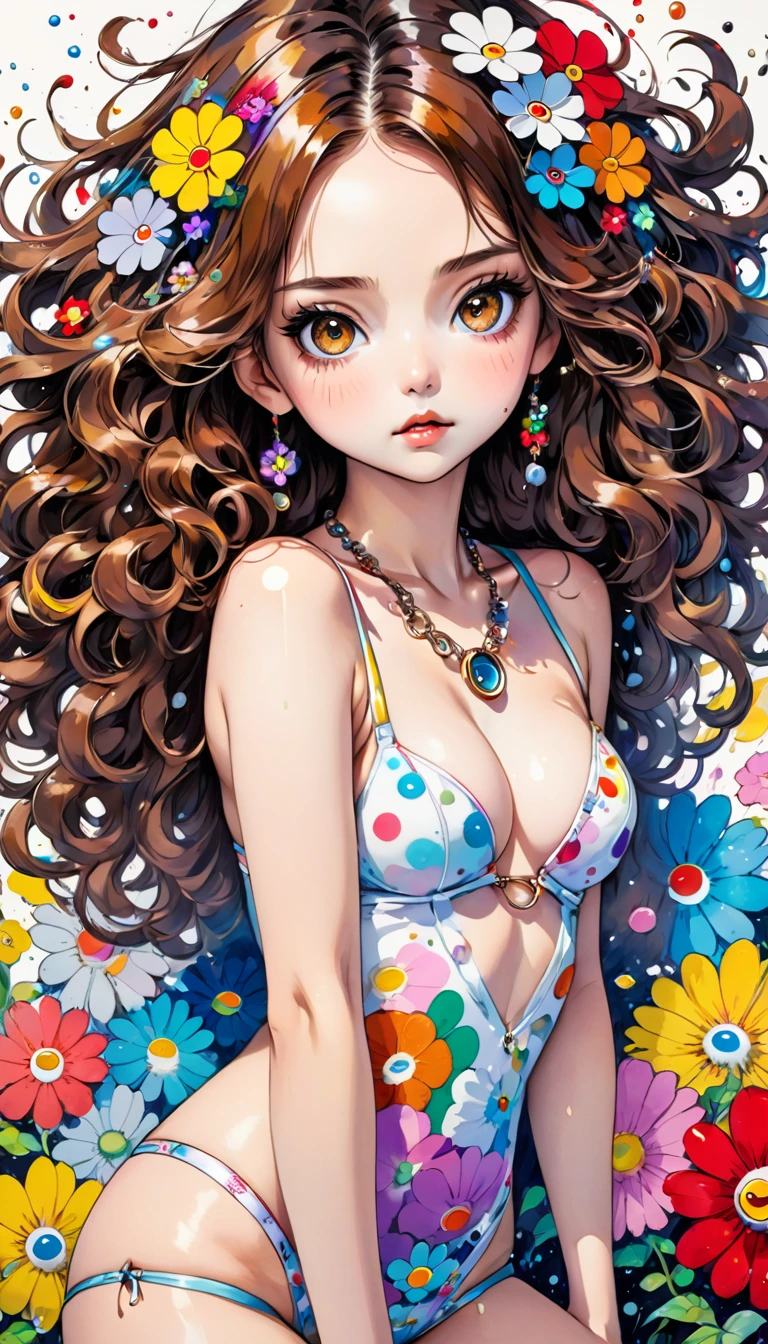 Takashi Murakami style, 8K quality, intense watercolor, detailed watercolor art, watercolor splash, surreal, avant-garde pop art, beautiful and expressive painting, beautiful artwork illustration, very colorful tones, amazing, cool beauty, best quality, official art, stylish design, ((Most beautiful woman ever)), (((Best quality))), HDR, ((Details)), (((Doodle art)), ((Masterpiece)), ((Super detailed)), ((Delicate eyes, Best eyes ever, Beautiful eyes, Big eyes))(((Colorful flowers))), (Brown hair, Curly hair, Shiny hair, Beautiful hair, Voluminous hair), (Beautiful back, Beautiful butt), ((In underwear))((Piercings, necklace, Lots of accessories)), (((Top angle, From the waist up, Looking at the camera, Mouth slightly open)))