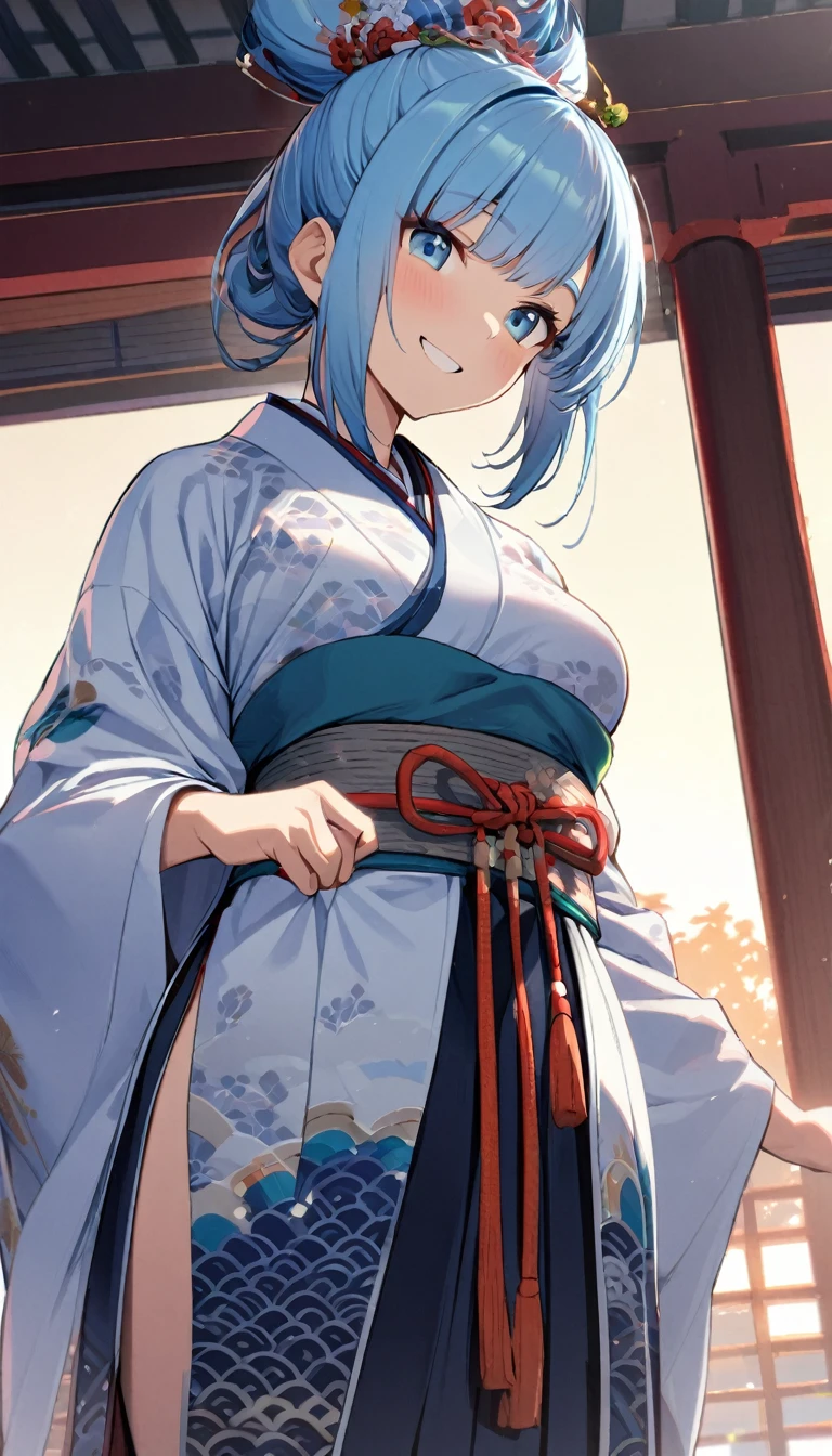 1girl,long face,short sky blue hair, traditional Japanese dress,highly detailed dress with pattern,joyful smile,perfect body,curvy,standing,closer,