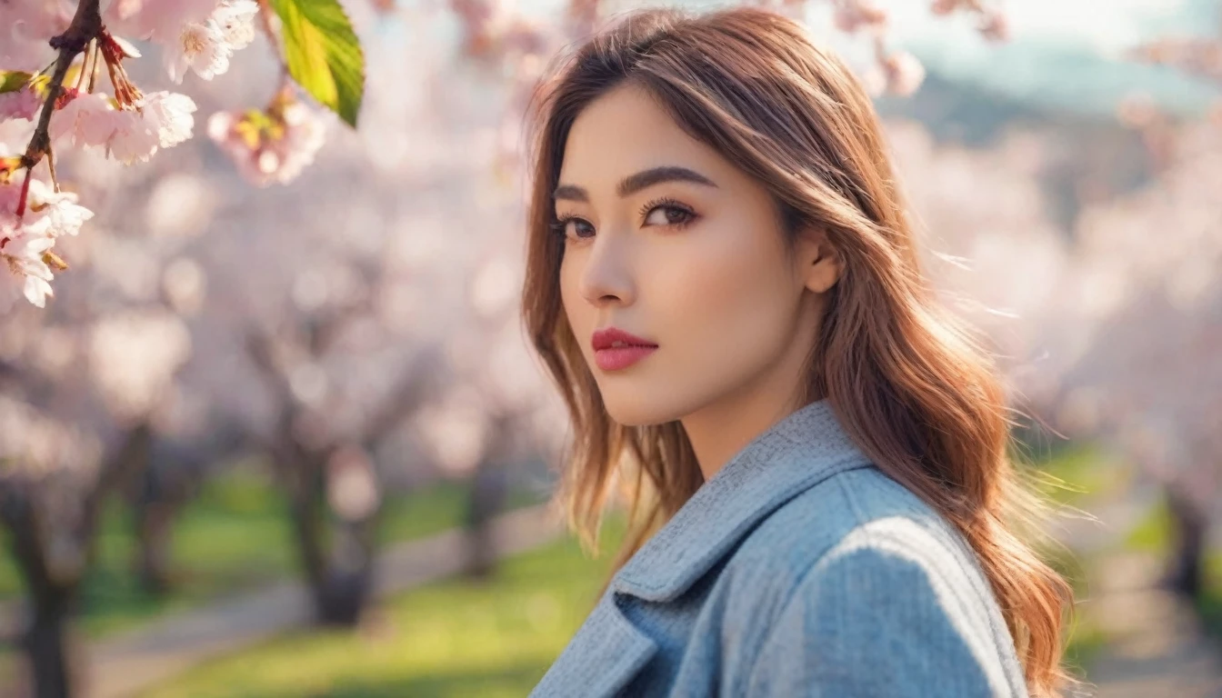 (best quality,4k,8k,highres,masterpiece:1.2),ultra-detailed,(realistic,photorealistic,photo-realistic:1.37),professional photography,portrait,beautiful detailed eyes,beautiful detailed lips,gorgeous young woman,dressed in trendy clothes,street photography,cityscape background,cherry blossom tree,blooming pink flowers,soft sunlight,subtle bokeh,vivid colors,youthful aesthetic,aesthetic photography