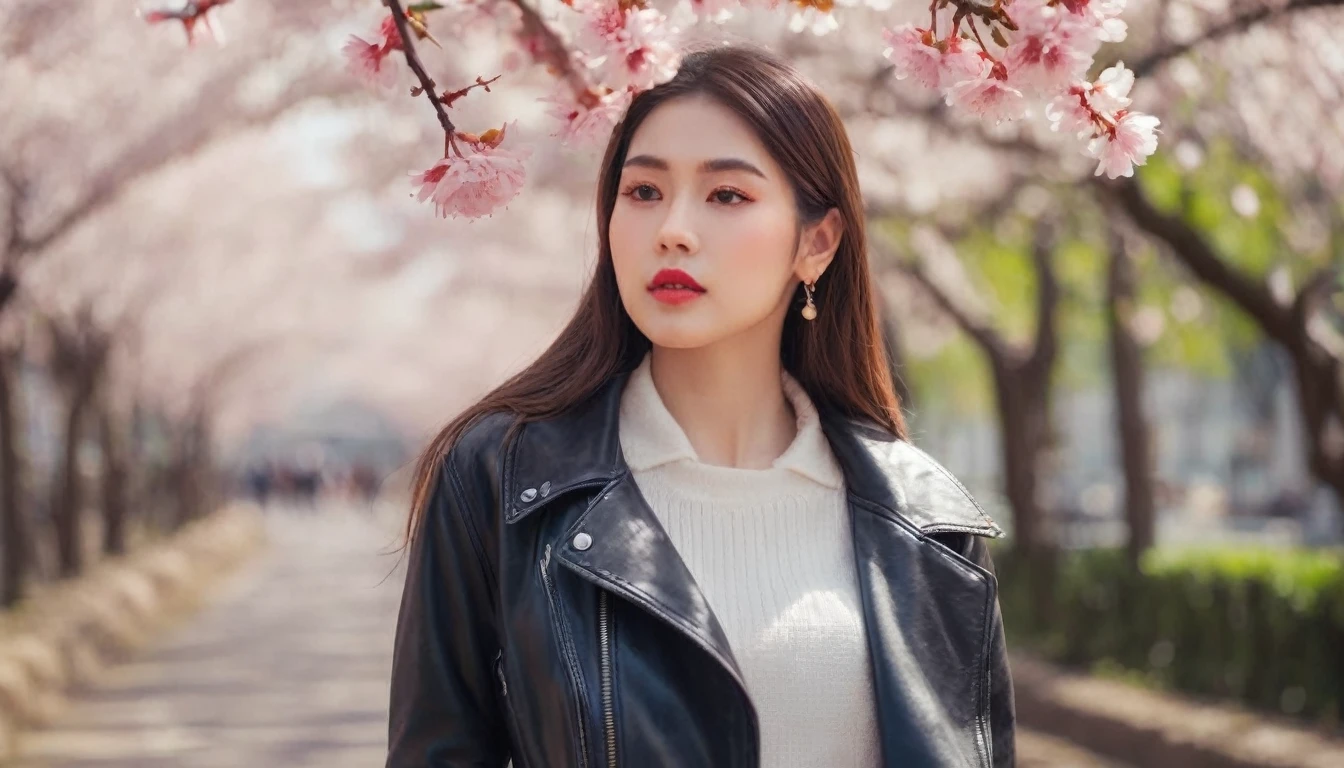 (best quality,4k,8k,highres,masterpiece:1.2),ultra-detailed,(realistic,photorealistic,photo-realistic:1.37),professional photography,portrait,beautiful detailed eyes,beautiful detailed lips,gorgeous young woman,dressed in trendy clothes,street photography,cityscape background,cherry blossom tree,blooming pink flowers,soft sunlight,subtle bokeh,vivid colors,youthful aesthetic,aesthetic photography