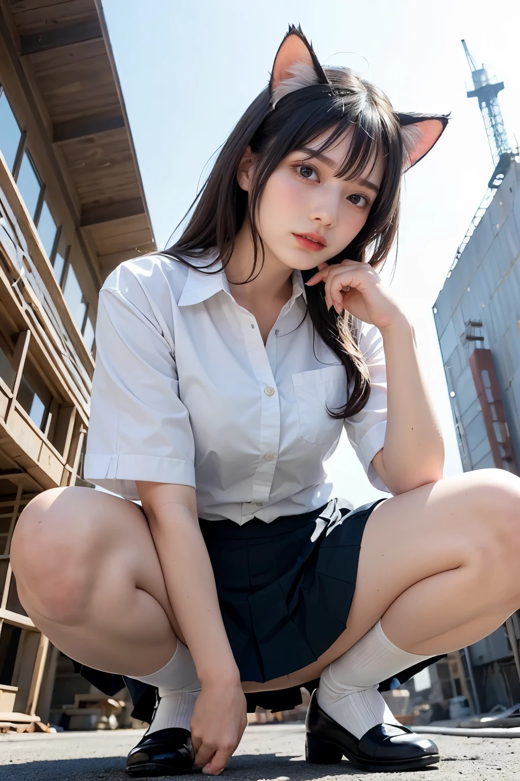 Masterpiece, bokeh, Beautiful face, (Japanese idle:1.6), (summer school uniform:1.3), (squatting in  Ship construction site:1.3), (Cat ears:1.3), (From below:1.5), 