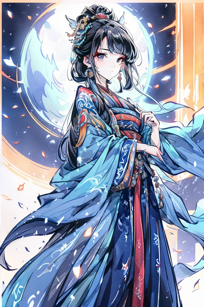 a beautiful female warrior, detailed elaborate sword, focused on a male figure, fire phoenix, closed mouth, jeweled, cowboy shooting, earrings, bangs, solitary, ancient Chinese hanfu, fiery background,(full body shot),an14