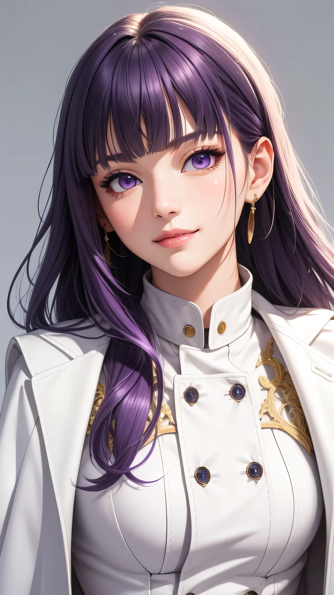 (masterpiece, best quality), intricate details, thin, ((slim)), beautiful girl, purple hair, blunt bangs, light purple eyes, sharp jawline, white coat, long hair, lips, upper body, close up, smirk