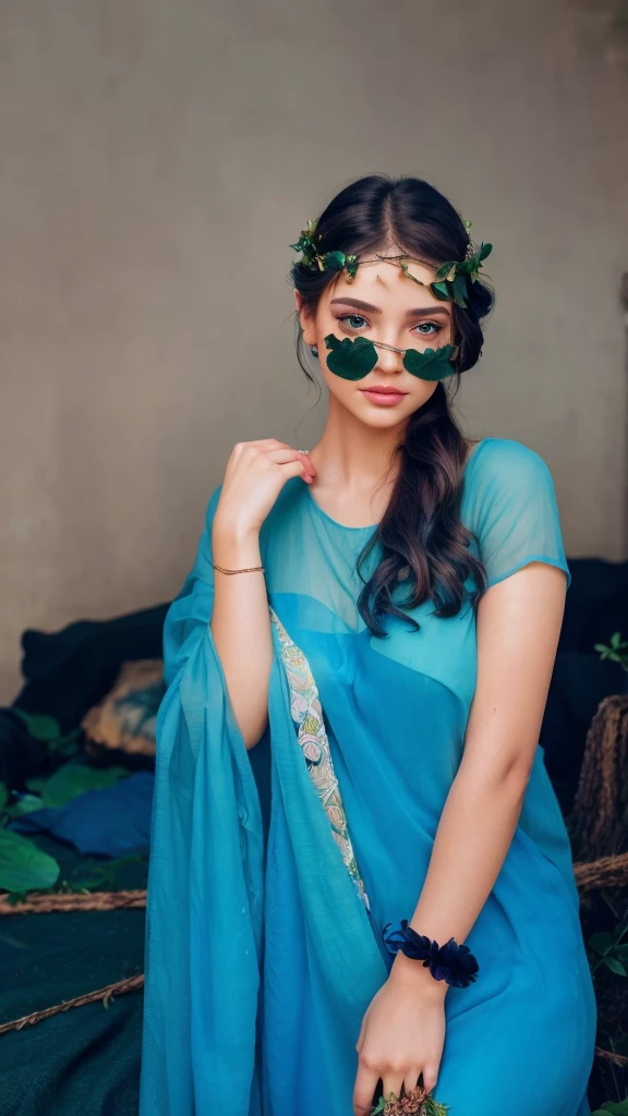 a beautiful girl, extremely detailed eyes and face, long eyelashes, beautiful detailed lips, intricate flower crown, flowers in hair, natural background, lush green foliage, sunlight filtering through leaves, vibrant colors, cinematic lighting, fantasy, ethereal, whimsical, dreamlike, high quality, 8k, photorealistic, masterpiece, vivid colors, professional digital art