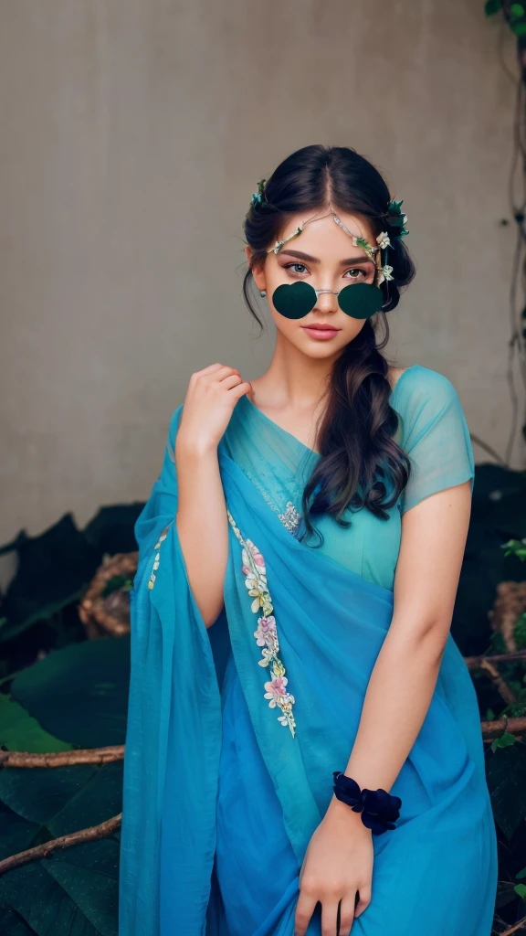 a beautiful girl, extremely detailed eyes and face, long eyelashes, beautiful detailed lips, intricate flower crown, flowers in hair, natural background, lush green foliage, sunlight filtering through leaves, vibrant colors, cinematic lighting, fantasy, ethereal, whimsical, dreamlike, high quality, 8k, photorealistic, masterpiece, vivid colors, professional digital art