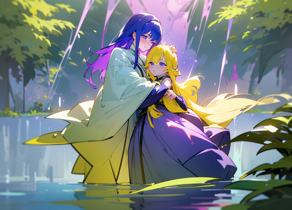 Two girls touching lips，A girl with purple hair，Transparent purple eyes，Another girl with yellow hair，Clear blue eyes，Medieval Lolita Style Clothing，Sit and hug，Look at each other affectionately，Cool，Violet，iris，Sunshine，Surrounded by greenery，Transparent stream flowing，Tyndall effect，Light up the fire，starlight：1.8，Clear shape，Detailed description of appearance：Perfect beautiful clear appearance，Normal human body，Transparent green，suspended congress, vaginale, anal, is ,is focus, is grab, standing, hug, leg lock, breast press,straddling,arms around neck, lifting person