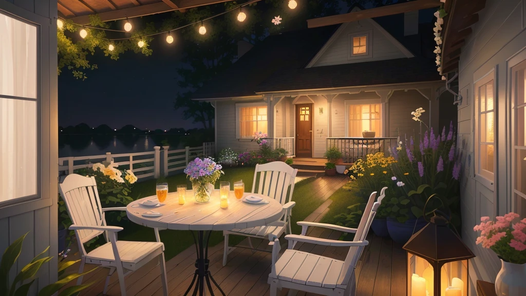 painting of a patio with a table and chairs and a table with flowers, serene evening atmosphere, summer afternoon, cottagecore!!, idyllic cottage, evening ambience, soothing and cozy landscape, cozy and peaceful atmosphere, cosy enchanted scene, thomas kinkade. cute cozy room, cozy home background, summer setting, detailed painting 4 k, by Li Keran