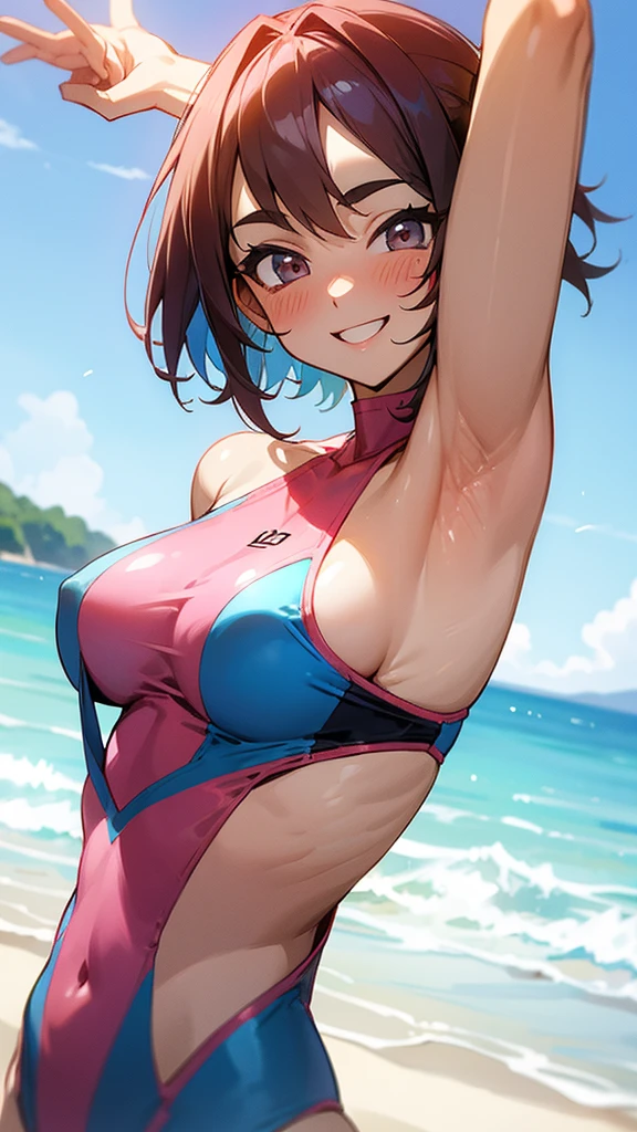 Armpits, woman in swimsuit, smiling, blushing, excited as a magic hand tickles her armpits, spread-eagled