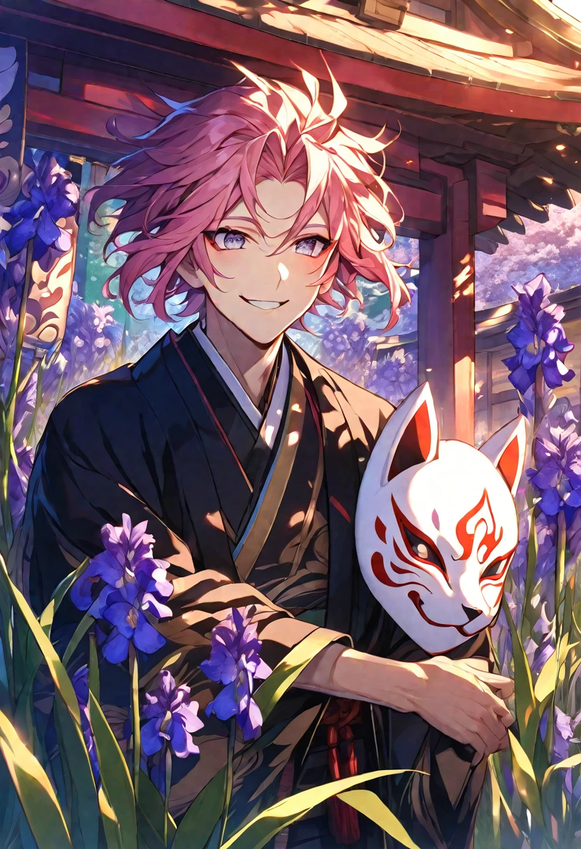 alone, 1 male, Pink Hair, Iris, Black kimono, Fox Mask, Smile Facial, Red Higanbana, Higanbana, Red tassel hair accessory、Evening shrine
