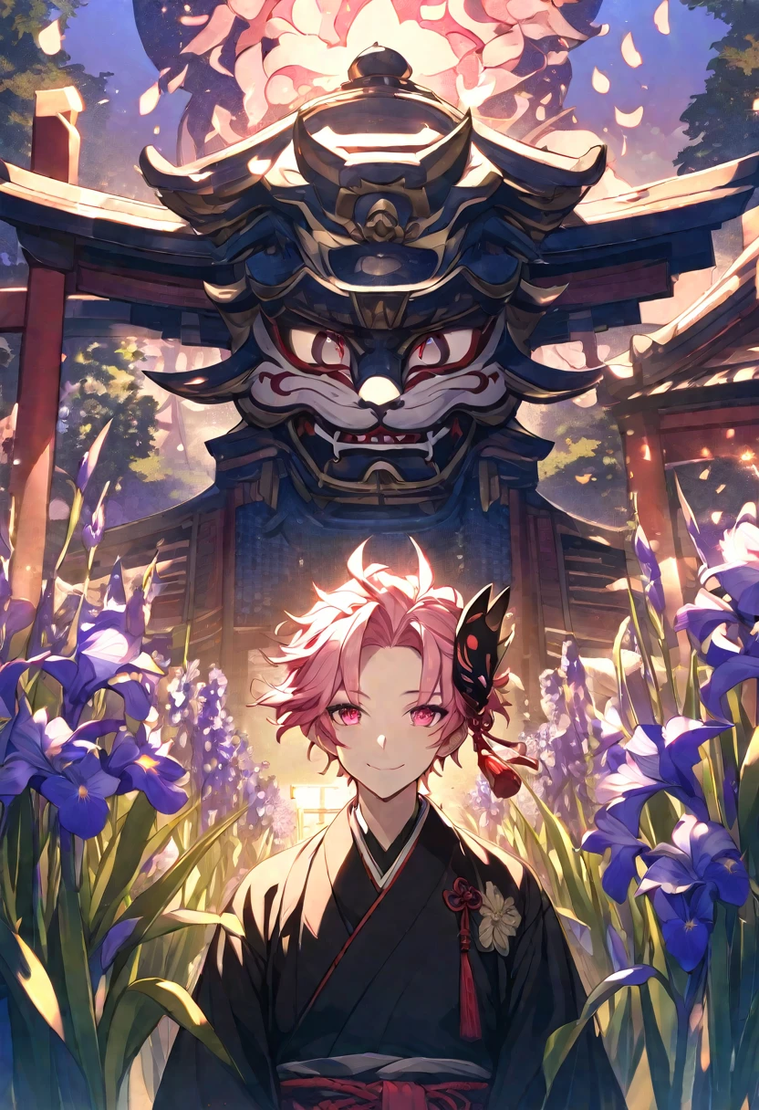 alone, 1 male, Pink Hair, Iris, Black kimono, Fox Mask, Smile Facial, Red Higanbana, Higanbana, Red tassel hair accessory、Evening shrine