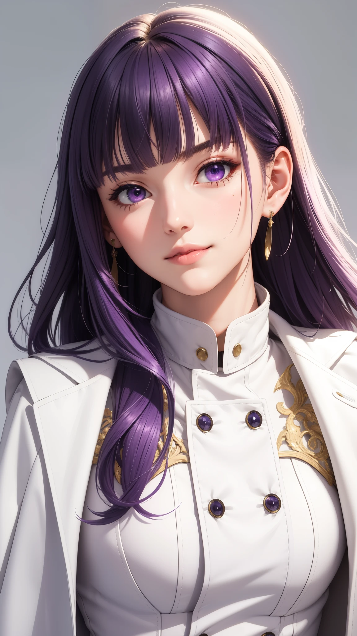 (masterpiece, best quality), intricate details, thin, ((slim)), beautiful girl, purple hair, blunt bangs, light purple eyes, sharp jawline, white coat, long hair, lips, upper body, close up, smirk