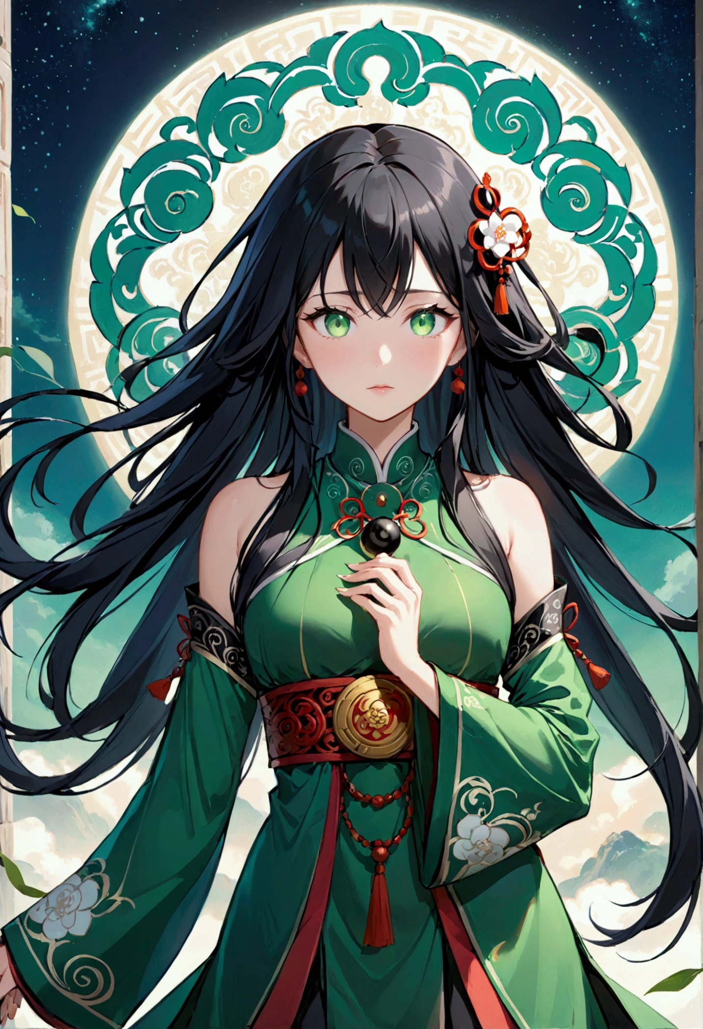 Anime women, Long black hair, green eyes,aesthetic body, taoist outfit