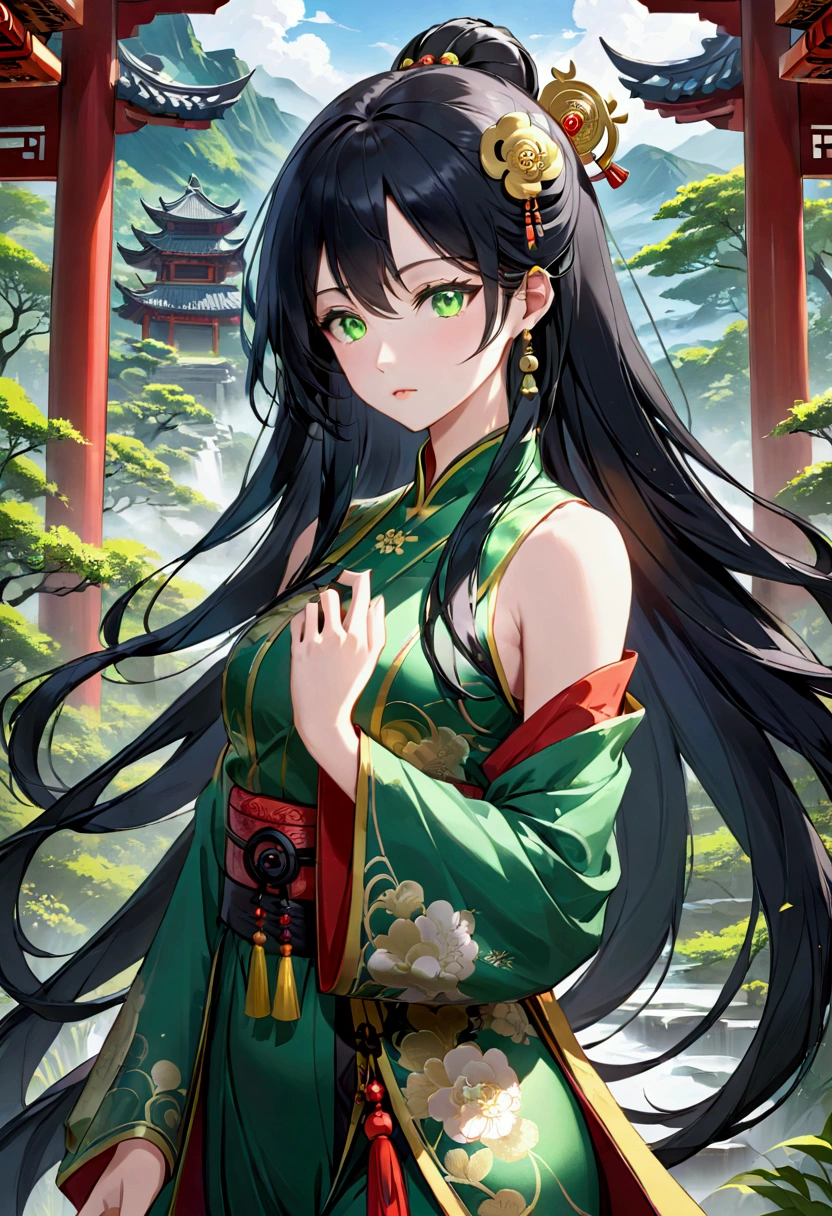 Anime women, Long black hair, green eyes,aesthetic body, taoist outfit