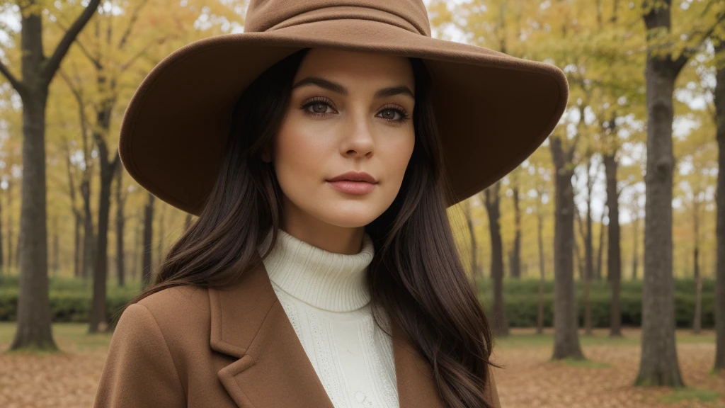 hyper realistic photo of the Fall Outfits collection, a realistic brunette, in a brown coat with a hat on her head, against the background of an autumn landscape. detailed skin, vogue style, new york, natural light, realistic, fashion catalog, 8K, macro, close-up, hyper detailed, trending on artstation, sharp focus, studio photo, intricate details, very detailed, author