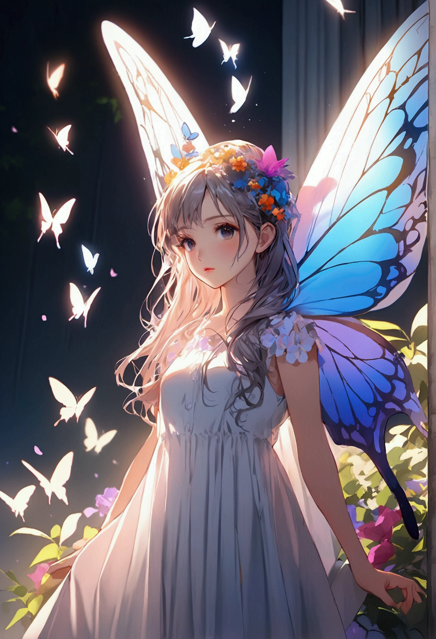 (realistically, 8k, masterpiece, best quality, fine shadows, cinematic, cinematic lighting, ultra high resolution, high quality, extrmely detailed, details, highres, anime style), (sharp edges), graceful gril with butterfly wings, fairyland, ​​flowers, butterflys
