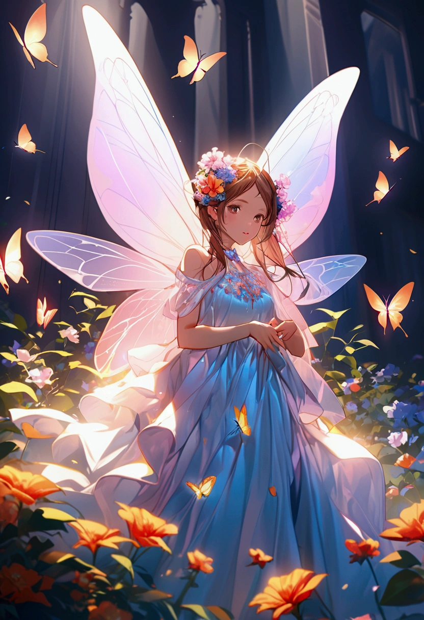 (realistically, 8k, masterpiece, best quality, fine shadows, cinematic, cinematic lighting, ultra high resolution, high quality, extrmely detailed, details, highres, anime style), (sharp edges), graceful gril with butterfly wings, fairyland, flowers, butterflys