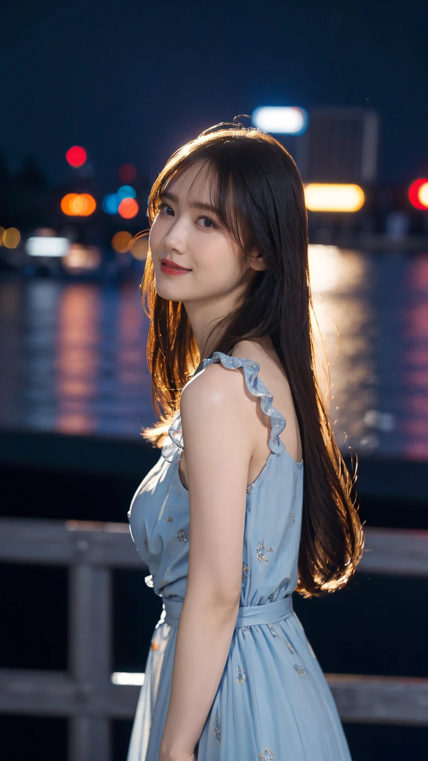 1girl,(wearing a blue evening dress:1.2),(RAW photo, best quality), (realistic, photo-realistic:1.4), masterpiece, an extremely delicate and beautiful, extremely detailed, 2k wallpaper, Amazing, finely detail, extremely detailed CG unity 8k wallpaper, ultra-detailed, highres, soft light, beautiful detailed girl, extremely detailed eyes and face, beautiful detailed nose, beautiful detailed eyes,cinematic lighting,city lights at night,perfect anatomy,slender body,light smile,close up,(long hair with bangs), big breast