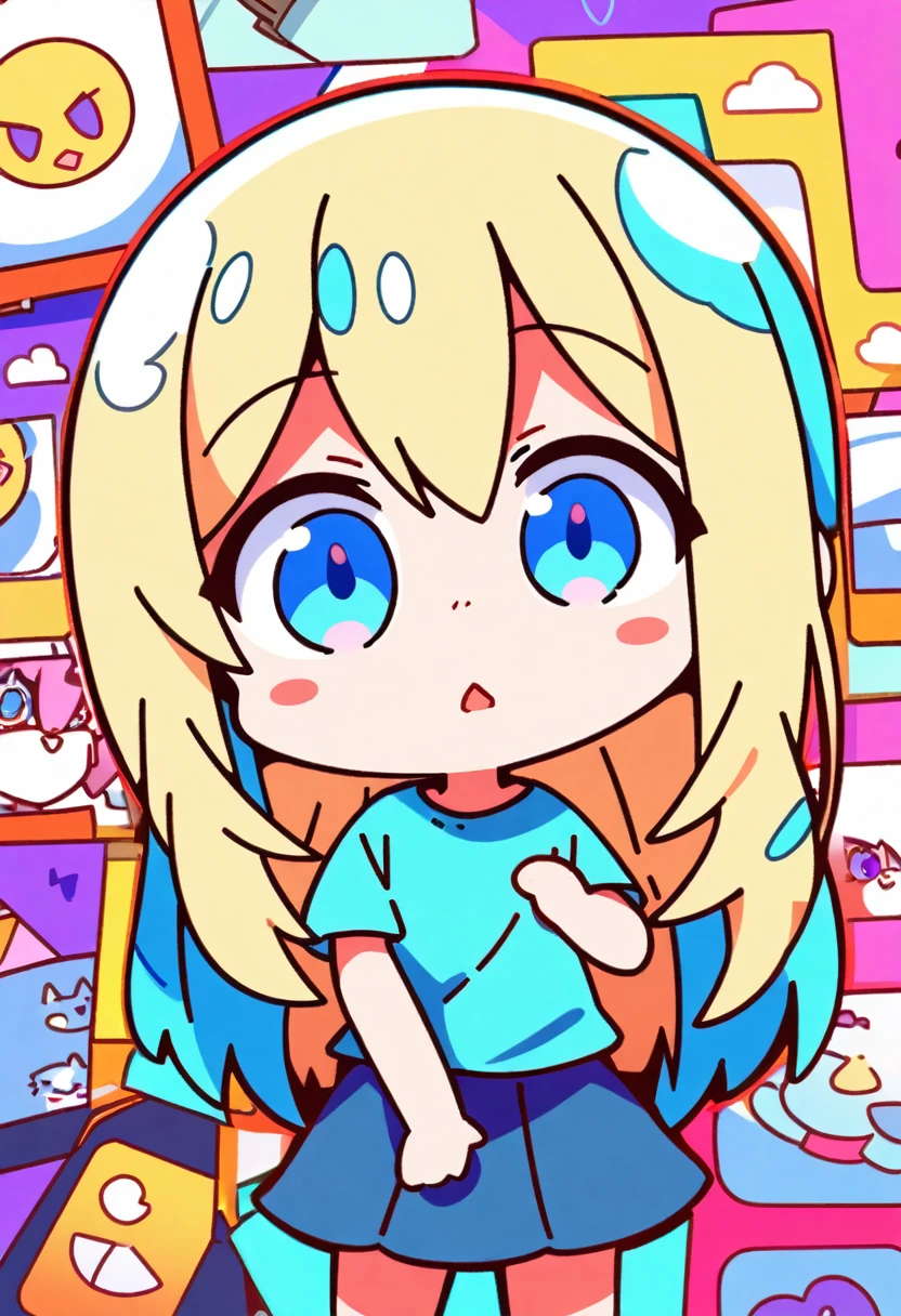 1girl, blonde hair, one length hair, blue eyes, shirt, skirt, room, masterpiece, best quality, absurdres, cowboy shot, anime style, chibi, deformed, exaggerated features, large eyes, small nose, simplified details, kawaii, cute, vibrant colors, flat shading, cel shading, bold outlines, expressive face, cartoon-like, stylized proportions, big head , simple background, 2D art, manga-inspired, playful pose, cheerful atmosphere, glossy hair, sparkles, soft shadows
