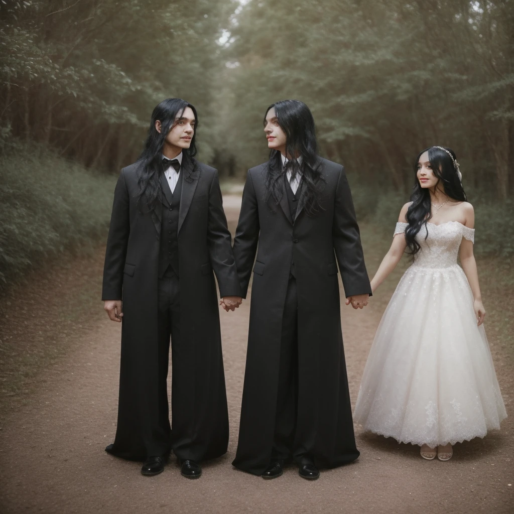 A man with long shoulder-length black hair and a beautiful woman with long black hair are having an outdoor wedding, both wearing wedding attire, standing side by side and holding hands.