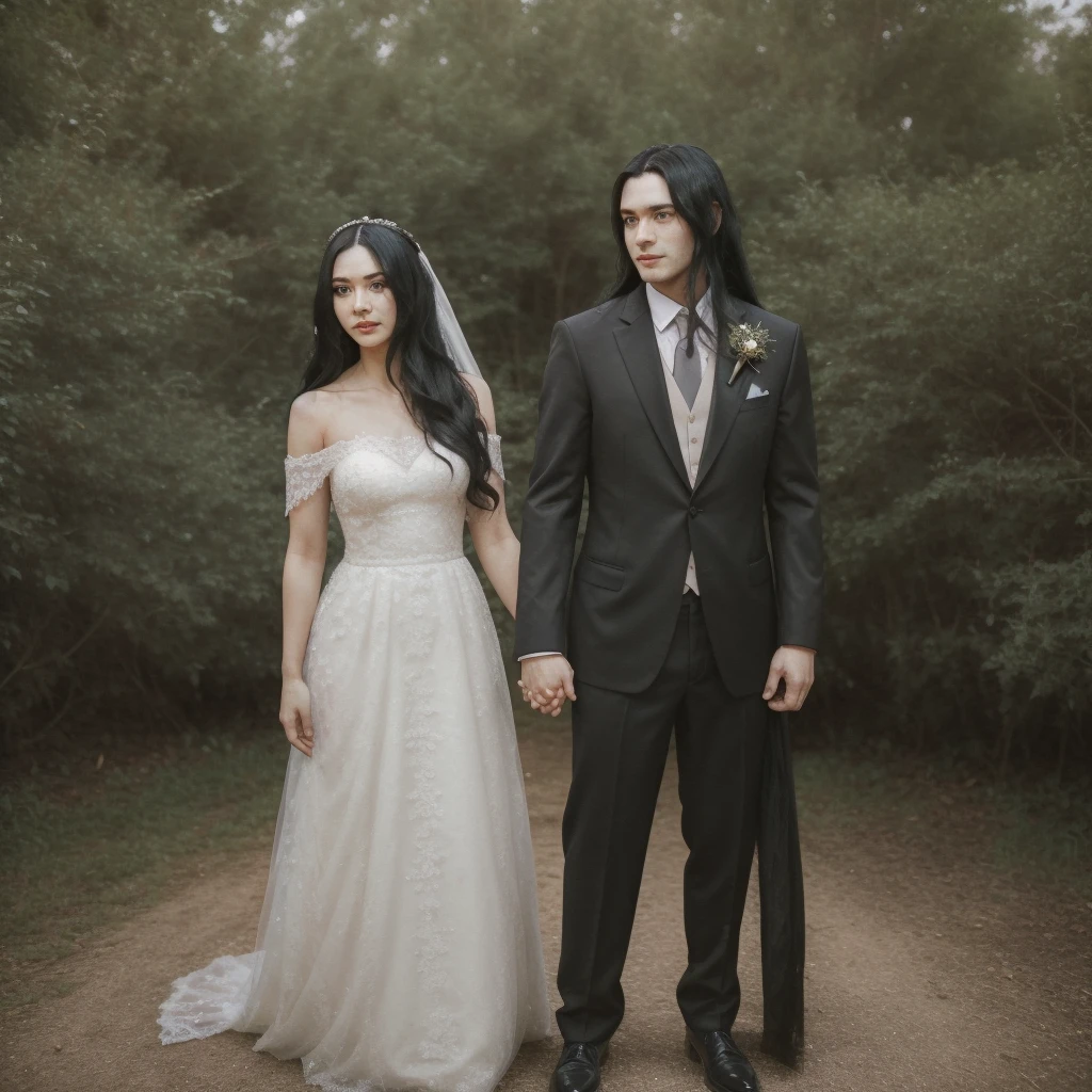 A man with long shoulder-length black hair and a beautiful woman with long black hair are having an outdoor wedding, both wearing wedding attire, standing side by side and holding hands.