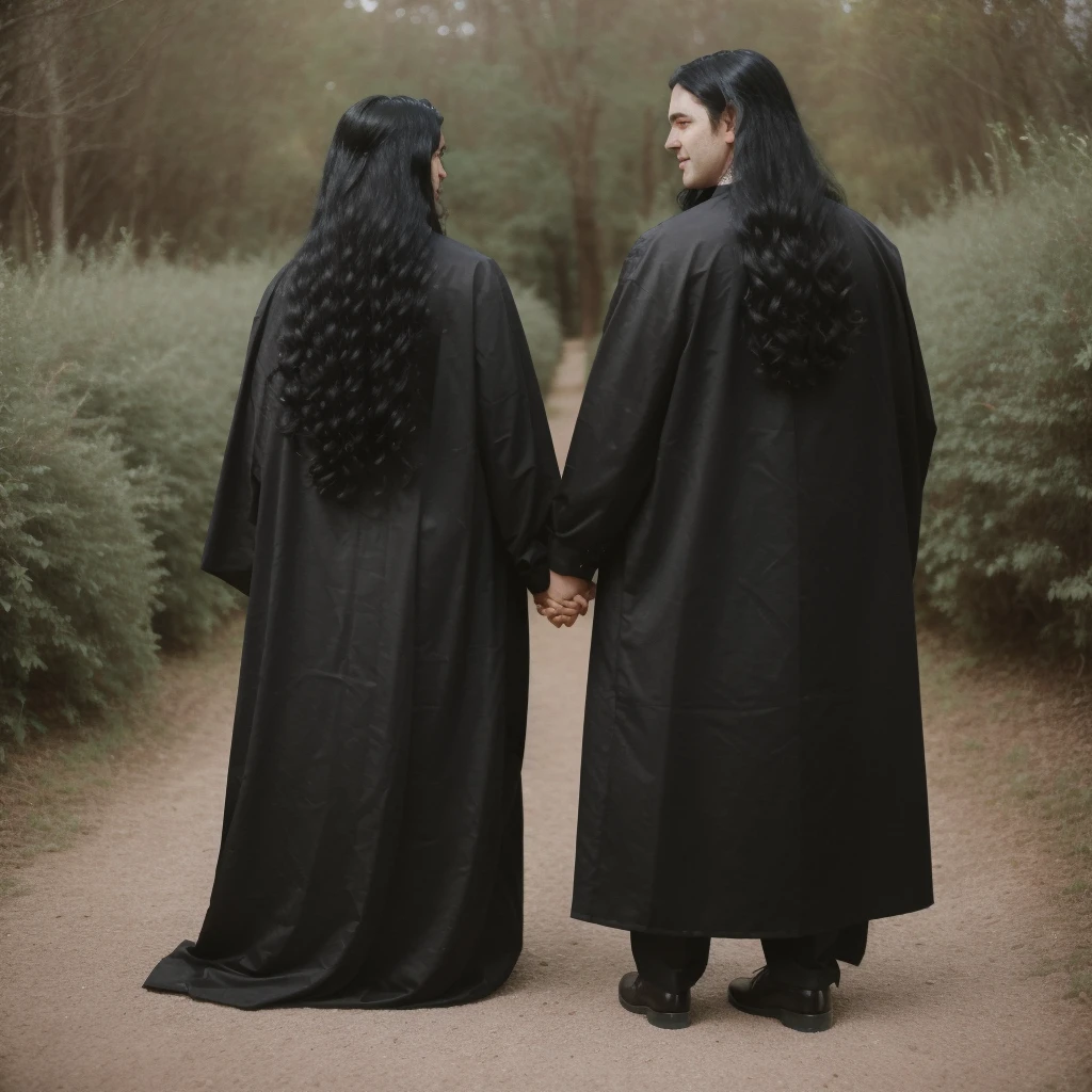 A man with long shoulder-length black hair and a beautiful woman with long black hair are having an outdoor wedding, both wearing wedding attire, standing side by side and holding hands.