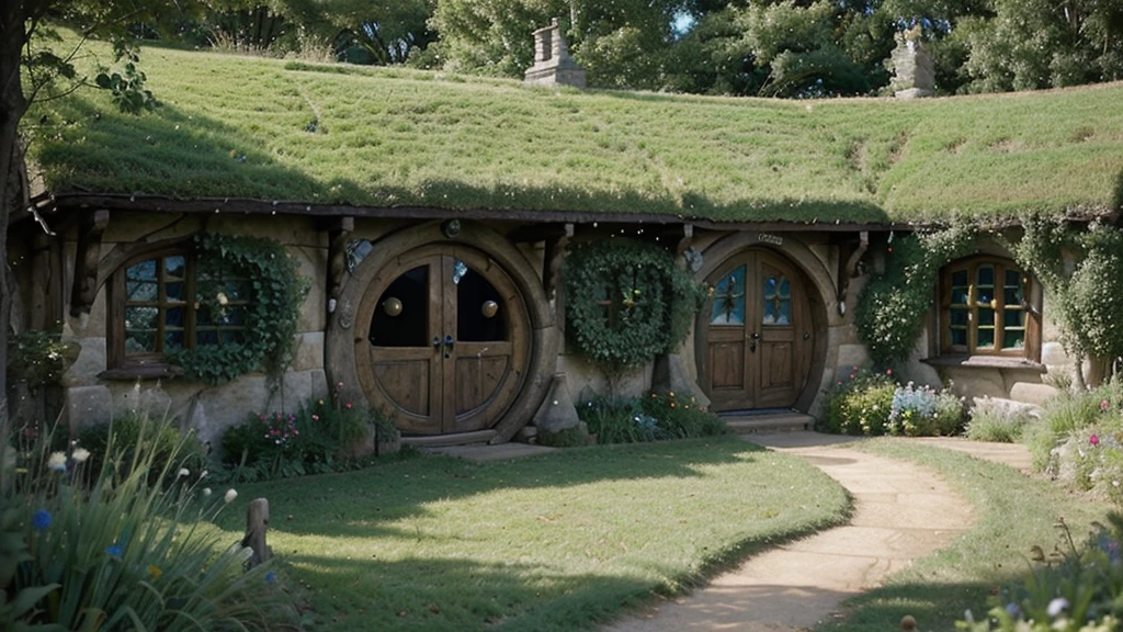 Hobbiton, Middle Earth, beautiful serene Hobbiton, Middle Earth, Middle Earth, the county, Middle Earth landscape, hobbit hole, county, hobbits, Hobbiton, Lord of the Rings style, the county castle, hobbit, inspired the lord of the rings